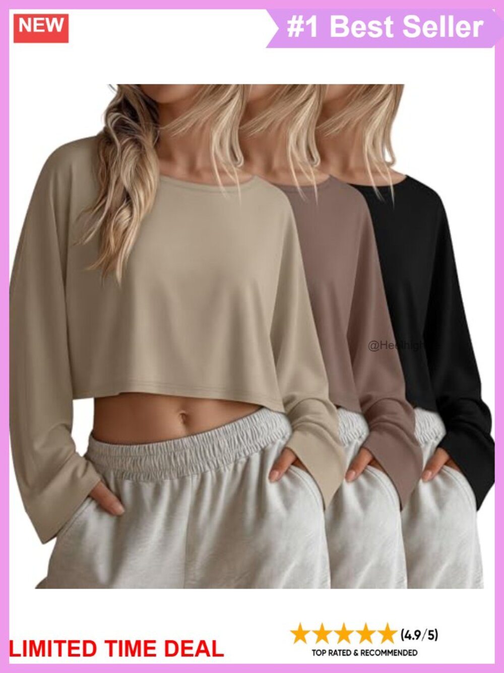 3 Pack Women's Long Sleeve Crop Tops Crew Neck Oversize Cotton Blend Tees